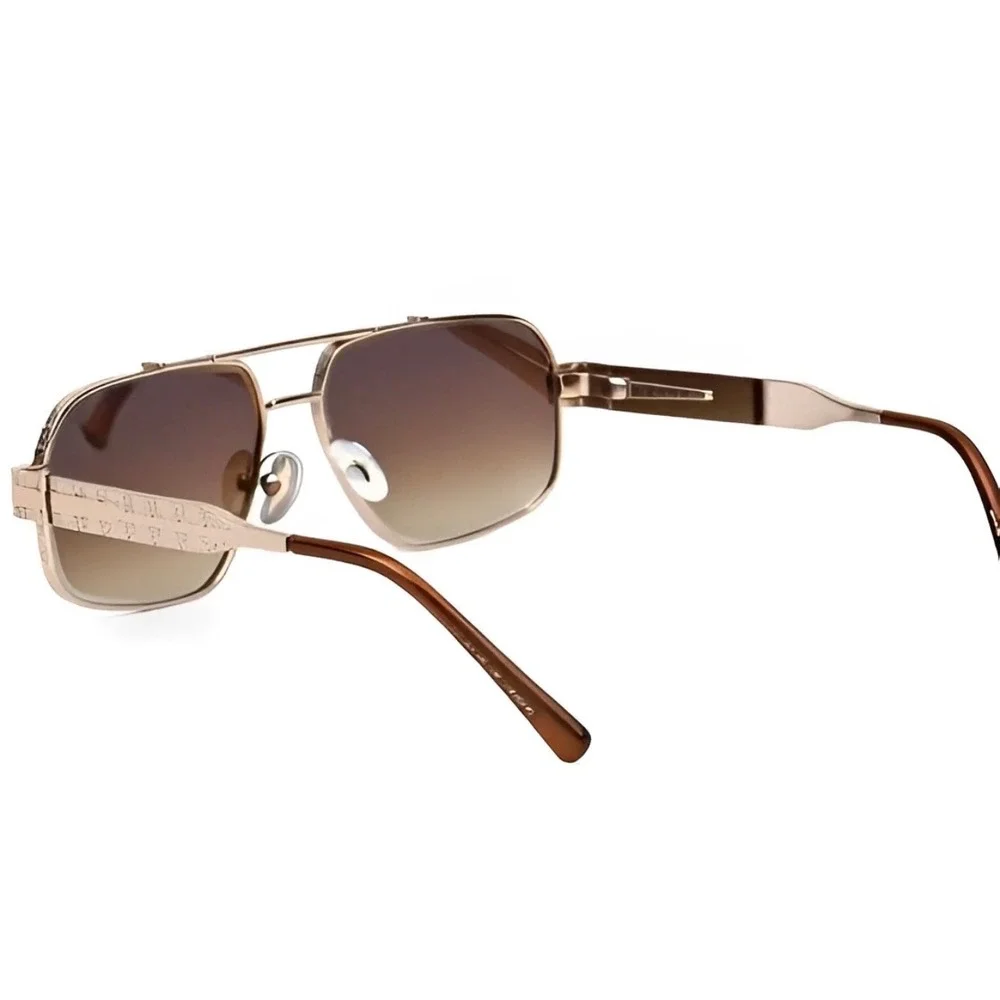 Mens Square Aviator Sunglasses Gold Metal Frame Brown  Lens Double Bridge Hiphop